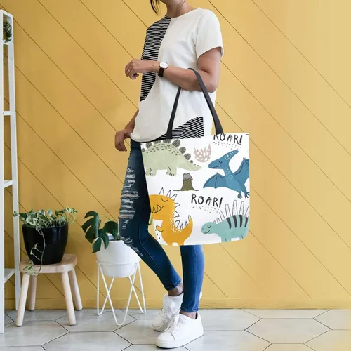Vista 2 de SUABO Bolsa de asas de cocina reutilizable para comestibles, bolsa de compras de lona para exteriores Dinosaurio