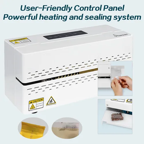 Vista 2 de Phezer Máquina de sellado térmico continuo, sellador automático de bolsas de plástico con control digital de temperatura, sellador térmico de banda