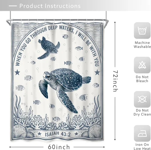Vista 5 de Riyidecor Ocean Turtle Bible Verse Rustic Navy Bathroom Shower Curtain Set