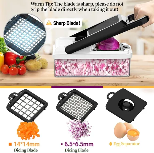 Vista 3 de StoreHappily Picador de Verduras 12 en 1, Picador de Verduras de 7 Cuchillas con Recipiente y Tapa, Cortador en Cubitos, Rebanador, Utensilios