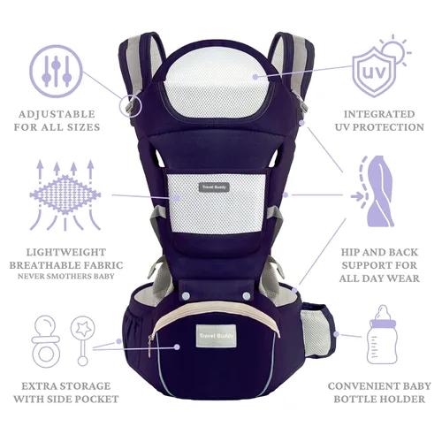 Vista 3 de Portabebés con asiento de cadera – Posición ergonómica M certificada de seguridad, cintura ajustable con soporte trasero, asiento de cadera