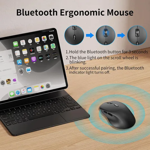 Vista 4 de Ratón silencioso Bluetooth, mouse ergonómico para computadora con botones laterales, ratones silenciosos BT4.2 sin receptor USB, batería de 18