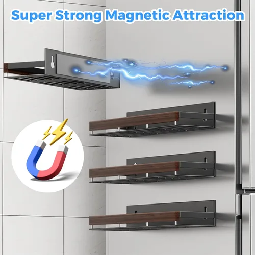 Vista 5 de Organizador magnético de especias de nogal para refrigerador, soporte de pared, estante de especias magnético para refrigerador, organizador