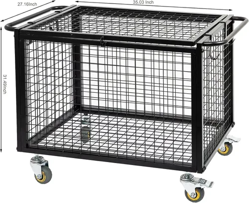 Vista 6 de Carrito de baloncesto de metal con ruedas de almacenamiento de equipo deportivo, jaula con cerradura atlética negra mate con mango elevado