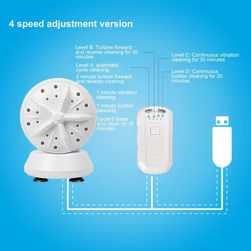 Vista 4 de Mini lavadora portátil 3 en 1 pequeña lavadora de viaje dormitorio limpiador doble turbina ultrasónica limpieza profunda USB enchufe en 5 V