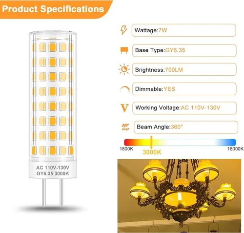 Vista 4 de ZHENMING Bombilla LED AC 120V GY6.35 regulable 7W 3000K 75W equivalente halógeno