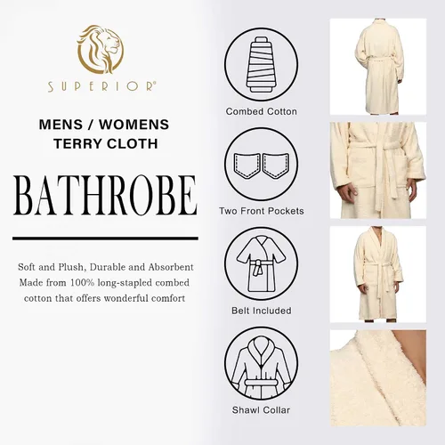 Vista 3 de SUPERIOR Bata de rizo unisex de algodón, batas suaves y absorbentes para hombres y mujeres, accesorios de baño