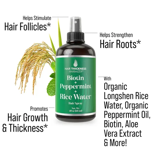 Vista 2 de Spray de agua de biotina + menta + arroz para el crecimiento del cabello. Acondicionador vegano sin enjuague para mujeres, hombres. Fortalece e
