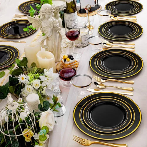Vista 7 de bUCLA Juego de vajilla desechable de 600 piezas, color negro y dorado, platos de plástico negro desechables para fiestas, incluye 100 platos