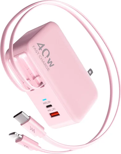 Vista 10 de Cargador de pared USB C retráctil con enchufe de pared, cables tipo C dobles de 35.5in/90cm, bloque plegable multi cargador de 40W de carga rápida