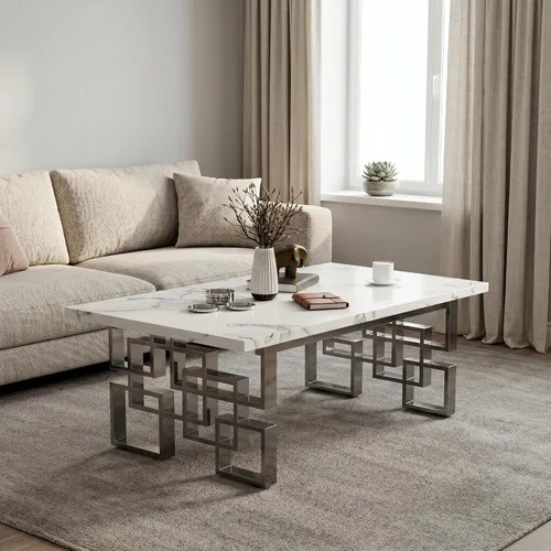 Vista 8 de AUZ Mesa auxiliar blanca y plateada de 50 pulgadas, moderna mesa de centro rectangular de imitación de mármol cromado con base de metal espejo