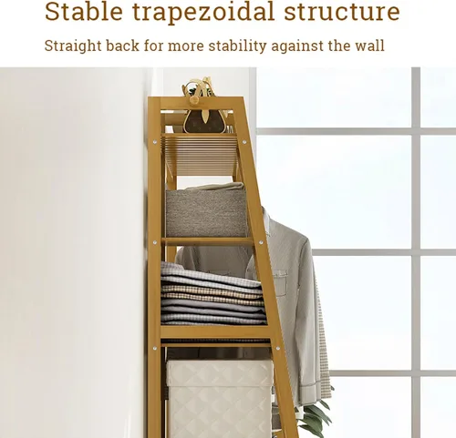 Vista 7 de Perchero de bambú para ropa, con estantes de almacenamiento y ganchos, organizador de almacenamiento de ropa abierto para entrada, dormitorio, sala