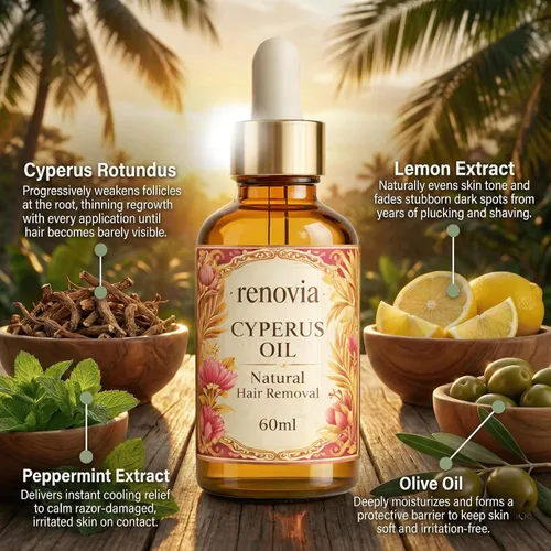 Vista 3 de Renovia Cyperus Rotundus Oil, Renovia Organics - Suero para depilación para la piel, hidratante y calmante para una piel de aspecto suave con menta
