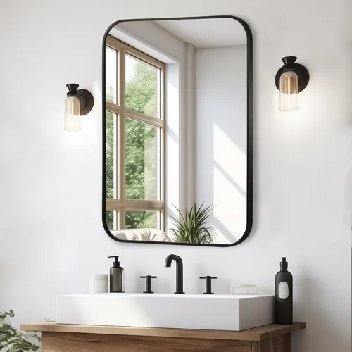 Vista 24 de Espejo de baño negro de 22"x30", espejo rectangular con marco de metal negro mate, espejo de tocador con esquinas cuadradas, espejo para pared