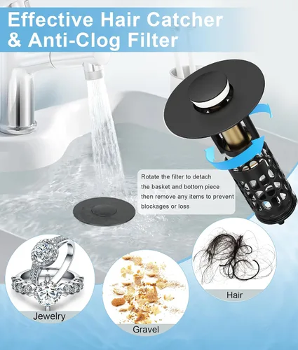Vista 6 de QYHNYJF Tapón de lavabo de baño mejorado con recogedor de pelo, tapón de drenaje universal emergente, sello de acero inoxidable y silicona