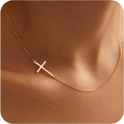 Vista 72 de Collar de cruz para mujeres y niñas, delicado chapado en oro de 14 quilates, gargantilla con dije de cruz que no se deslustra, impermeable, moderno