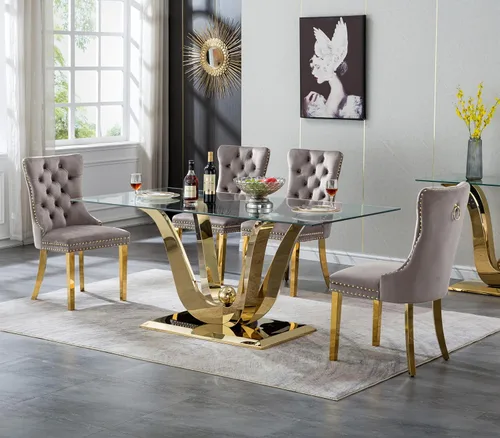 Vista 39 de SSLine Mesa de comedor de cristal dorado de 70 pulgadas para 4-6, base de Mesa de oro floral