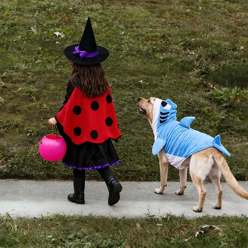 Vista 2 de Disfraz de tiburón para perro de Halloween para perro grande, chaqueta de forro polar de invierno, abrigo con capucha, ropa divertida para perro Azul