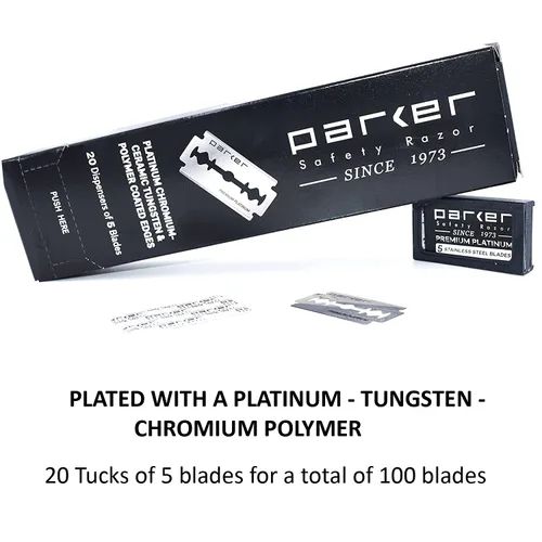Vista 7 de Parker - 100 cuchillas de afeitar de seguridad de doble filo, acero inoxidable revestido de platino y tungsteno de alta calidad para afeitados