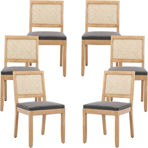 Vista 8 de ODUSE-DAILY Juego de 2 sillas de comedor French Country color beige, sillas de comedor de madera bohemia con respaldo tejido y asiento tapizado