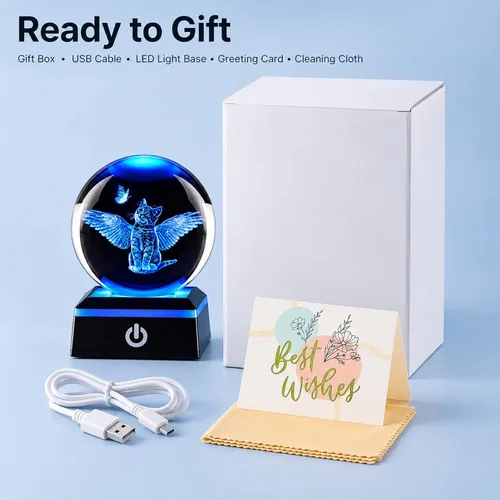 Vista 7 de Bola de cristal 3D con forma de gato y luz nocturna, regalos para mujeres, esposa, novia, niños, lámpara de cristal de 3.15 pulgadas, decoración