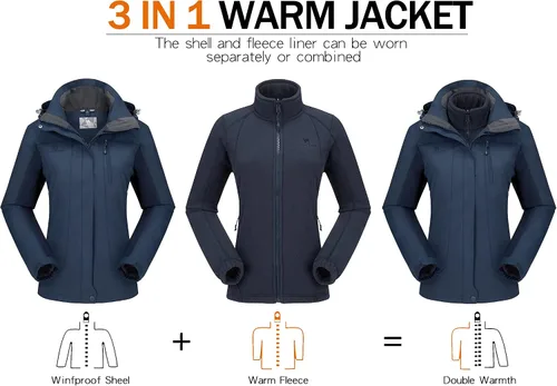 Vista 2 de CAMEL CROWN - Chaqueta de esquí para mujer, impermeable, 3 en 1, chaqueta de invierno resistente al viento, forro polar cálido, con capucha