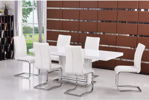 Vista 2 de Bailey Mesa de comedor rectangular extensible de 63 a 79 pulgadas, parte superior lacada de alto brillo, se expande para asientos adicionales, pilar