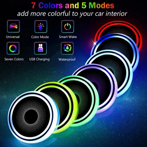 Vista 4 de 2 luces LED para portavasos de automóvil, carga USB, 7 colores, posavasos luminiscentes para automóvil