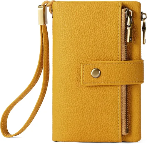 Vista 12 de SENDEFN Cartera pequeña para mujeres de cuero con bloqueo RFID, cartera de muñeca, tarjetero con doble cremallera, monedero, cartera bifold