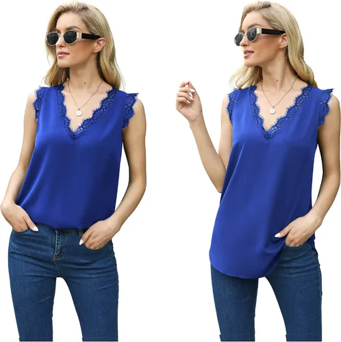 Vista 131 de VIISHOW - Camiseta sin mangas, sexy, con cuello en V y bordes de encaje para mujer, camisola de vestir, camisas de gasa, sin mangas, casuales