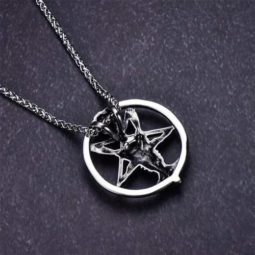 Vista 3 de Collar de pentáculo de acero inoxidable con cabeza de cabra satánica Baphomet, colgante de pentagrama invertido, cadena de 24 pulgadas, Acero