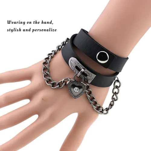 Vista 4 de Olbye Gargantilla de corazón con candado, collar corto de cuero negro, collar punk de poliuretano, collar de cosplay, cadena de eslabones gótico
