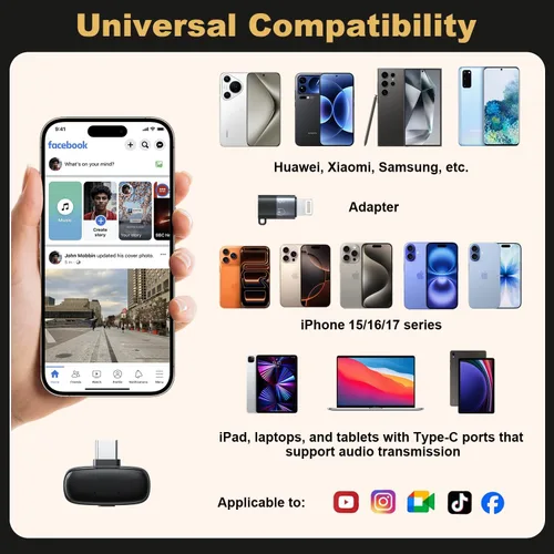 Vista 4 de Mini micrófono inalámbrico Lavalier para iPhone, iPad, Android, batería de larga duración de 30 horas, rango inalámbrico de 100 pies, cancelación
