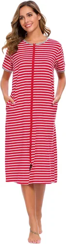 Vista 7 de Camisones de Manga Corta con Cremallera Frontal para Mujer, Batas de Algodón de Longitud Completa, Bata Suelta de Casa/Ropa de Descanso con Bl&blanco