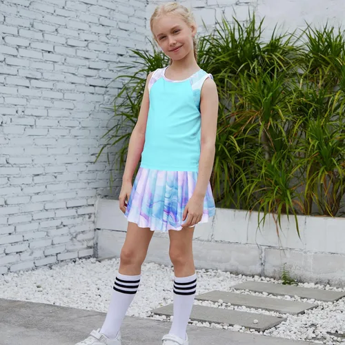 Vista 2 de MODAFANS Conjunto deportivo de camiseta sin mangas y pantalón corto para niñas Mármol Aqua