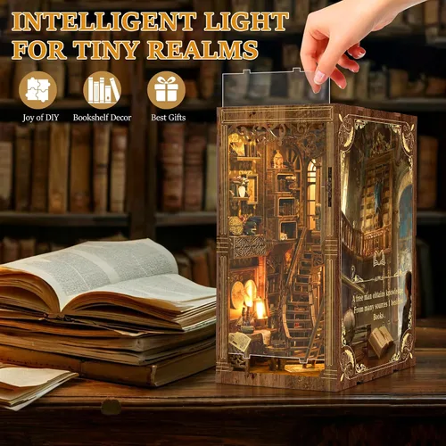 Vista 2 de SUNNINO Kit de Rincón de Libros - Kit de Casa de Muñecas en Miniatura DIY, Rompecabezas 3D de Madera con Luz LED, Kits de Rincón de Libros