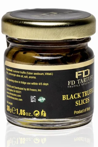 Vista 3 de FD TARTUFI - Rebanadas de trufa negra 30 g (1.05 oz) - (Tuber Aestivum) Alimento gourmet Condimentos sin OGM Hecho en Italia Champiñones