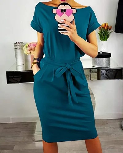 Vista 3 de PRETTYGARDEN - Vestido de verano para mujer, manga corta con cuello redondo, a rayas, prenda básica de color liso, con lazo en la cintura y bolsillos