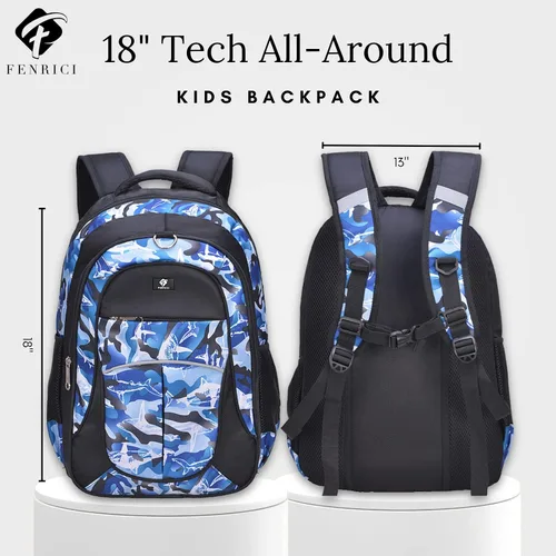 Vista 2 de Fenrici - Mochila para niños y niñas de 18 pulgadas, resistente con 10 compartimentos
