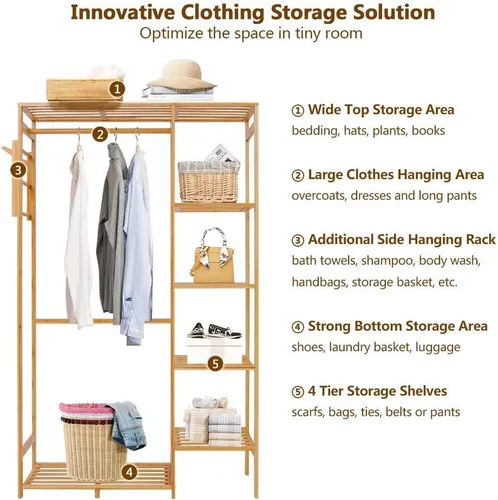 Vista 2 de Ufine Perchero de bambú para ropa de 6 niveles, estante colgante de ropa con ganchos laterales, estante de ropa resistente, organizador portátil