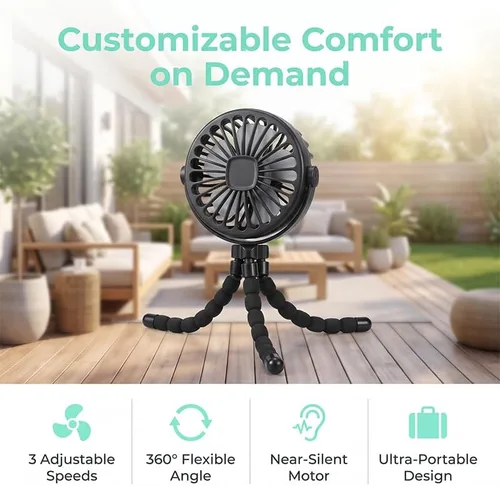 Vista 2 de Ventilador portátil, ventilador recargable para cochecito con trípode Azul