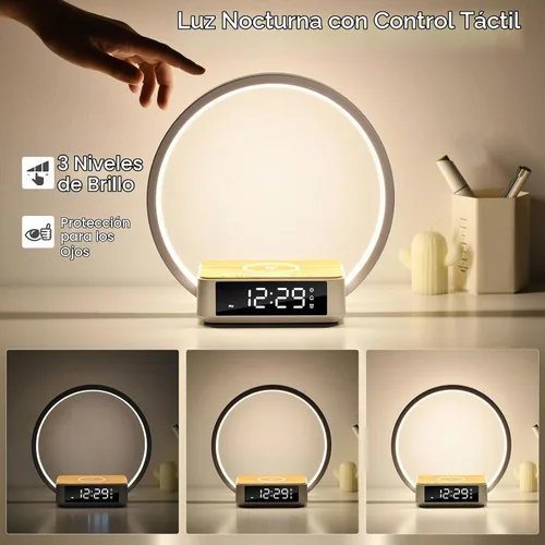 Vista 4 de WILIT Lámpara de mesita de noche con reloj despertador, lámpara táctil con cargador inalámbrico, luz nocturna para dormitorio, luz de despertar
