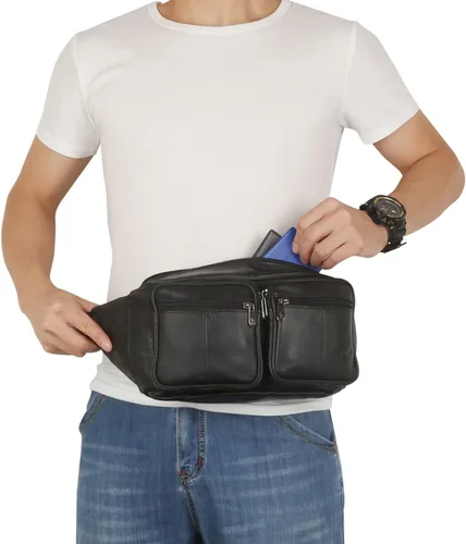 Vista 4 de Riñonera de piel auténtica, bolsa de cintura, organizador con cinturón ajustable, múltiples bolsillos para hombres y mujeres, Negro-878 Grande, L