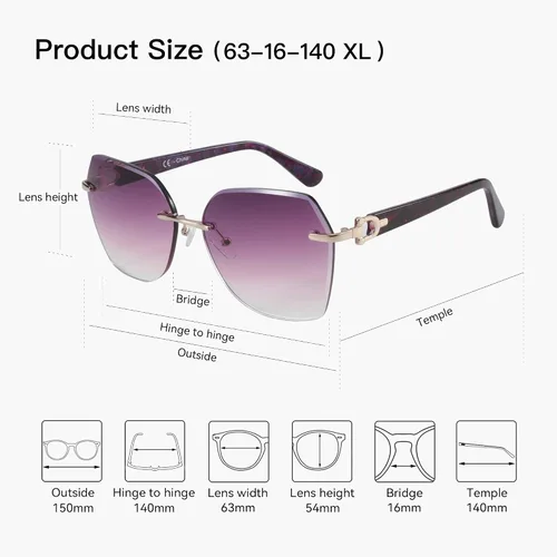 Vista 17 de ZENOTTIC Lentes de sol sin montura de gran tamaño para mujer, diseño geométrico de corte de diamante, lentes degradados, protección UV, tonos de moda