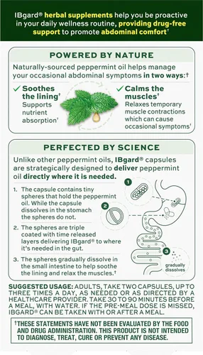 Vista 7 de IBgard Suplemento para la Salud Intestinal, Cápsulas de Aceite de Menta para Confort Abdominal, 48 Cápsulas Suplemento de salud intestinal