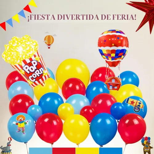 Vista 4 de Decoraciones de fiesta de cumpleaños con temática de circo e incluyen guirnalda de globos rojos, azules y amarillos y globos de papel de aluminio