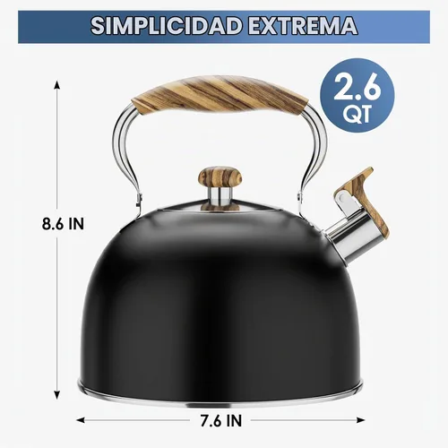 Vista 2 de Hervidor de té silbante de 2.6 cuartos de galón para estufa, de acero inoxidable de grado alimenticio con mango de madera con patrón fresco Negro