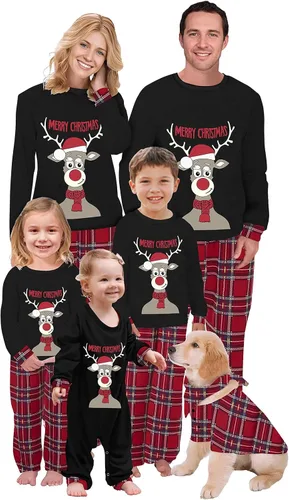 Vista 31 de Awoscut - Conjunto de pijamas navideños a juego, con estampado en la parte superior y pantalones a cuadros #B-7