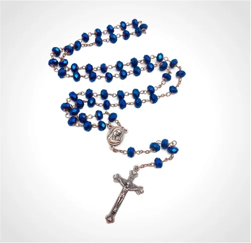 Vista 3 de Nazareth Store Collar de rosario de cuentas de cristal azul profundo, oración católica Jerusalén, medalla del suelo sagrado, cruz Tierra Santa