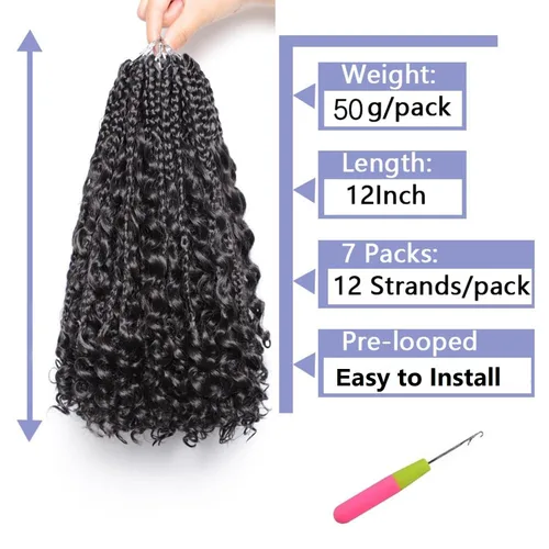 Vista 2 de VIOLET Trenzas de caja Goddess de 12 pulgadas, paquete de 7 paquetes, trenzas de caja bohemia a ganchillo, 3 trenzas de ganchillo con extremos
